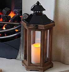 40cm Brown Wooden Battery Operated LED Candle Lantern with Timer