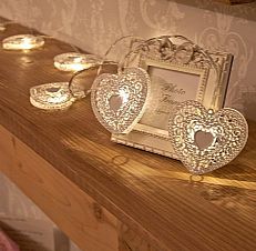 White Metal Heart Battery Fairy Lights with timer, Warm White LED